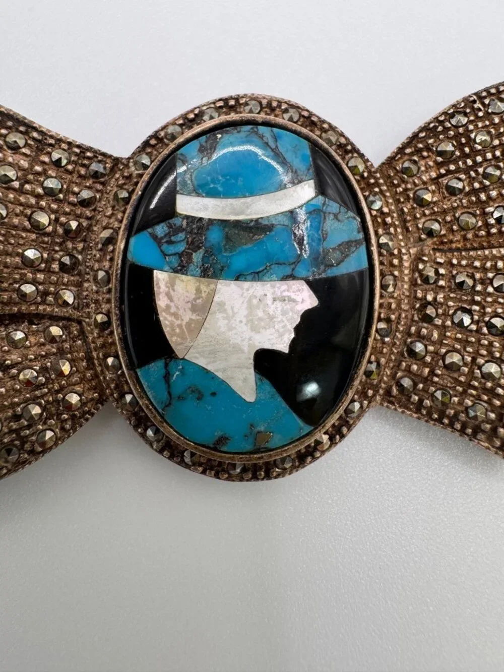 925 TH Sterling Silver Turquoise Abalone MOP Onyx Inlay Marcasite Bow Brooch - Picture 2 of 12